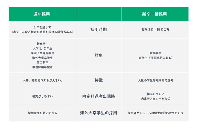 通年、新卒採用の特徴比較表