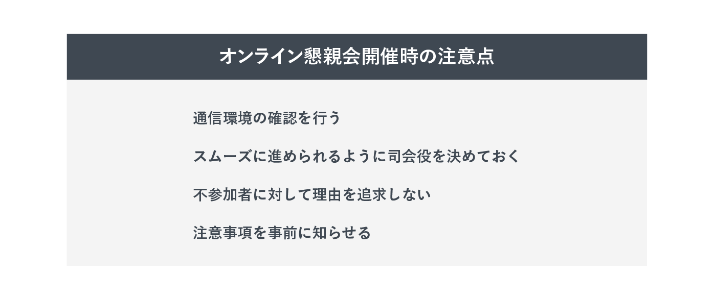 オンラインで内定者懇親会を開催する際の注意点を示す画像。