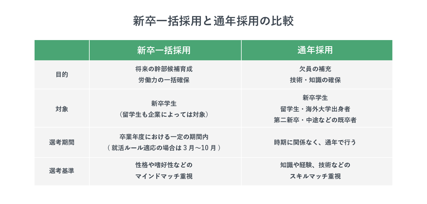 新卒一括採用と通年採用の比較表