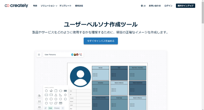 createlyの公式HP画像。「ユーザーペルソナ作成ツール」と書かれている。