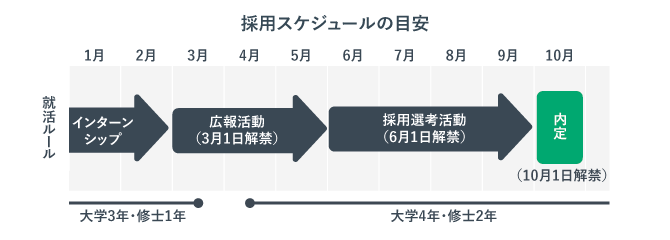 採用スケジュールの目安を示した画像。内定解禁の10月1日までのスケジュールがわかる。