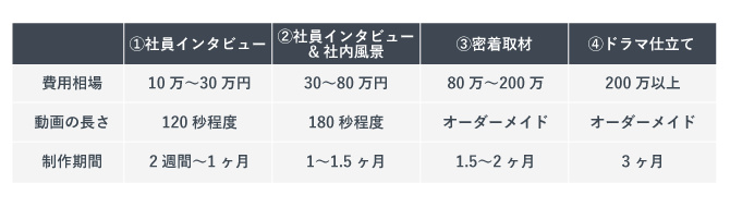 採用動画の種類別にかかる費用を示す画像