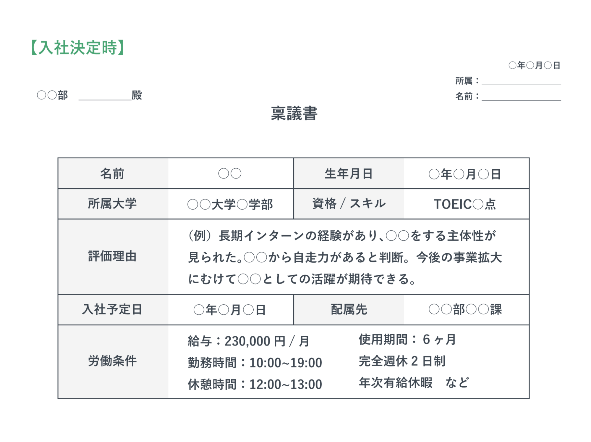 入社決定時の採用稟議書の画像。例文が記載されている。